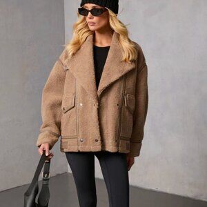 Evans Oversized Sherpa Bomber Jacket in Mocha | Vici